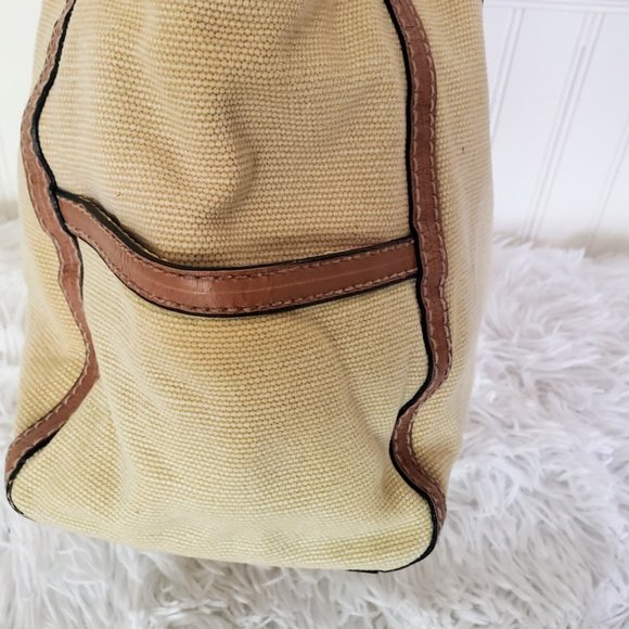 Fossil Womens Satchel Brown Fabric & Leather Braid Handles Key Charm Modern Vtg - Picture 3 of 16